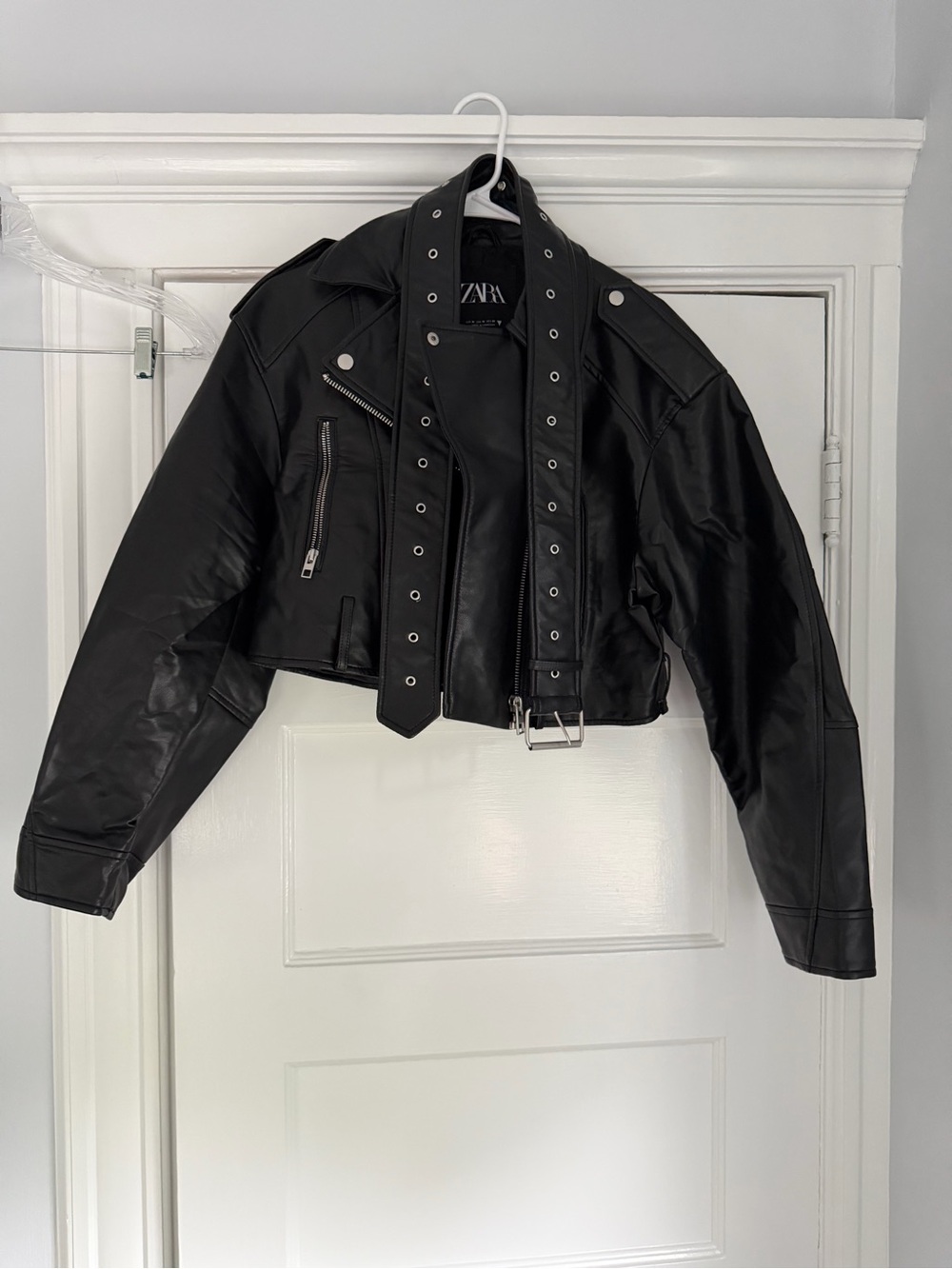 Zara Black Cropped Moto Belted Faux Leather Jacket